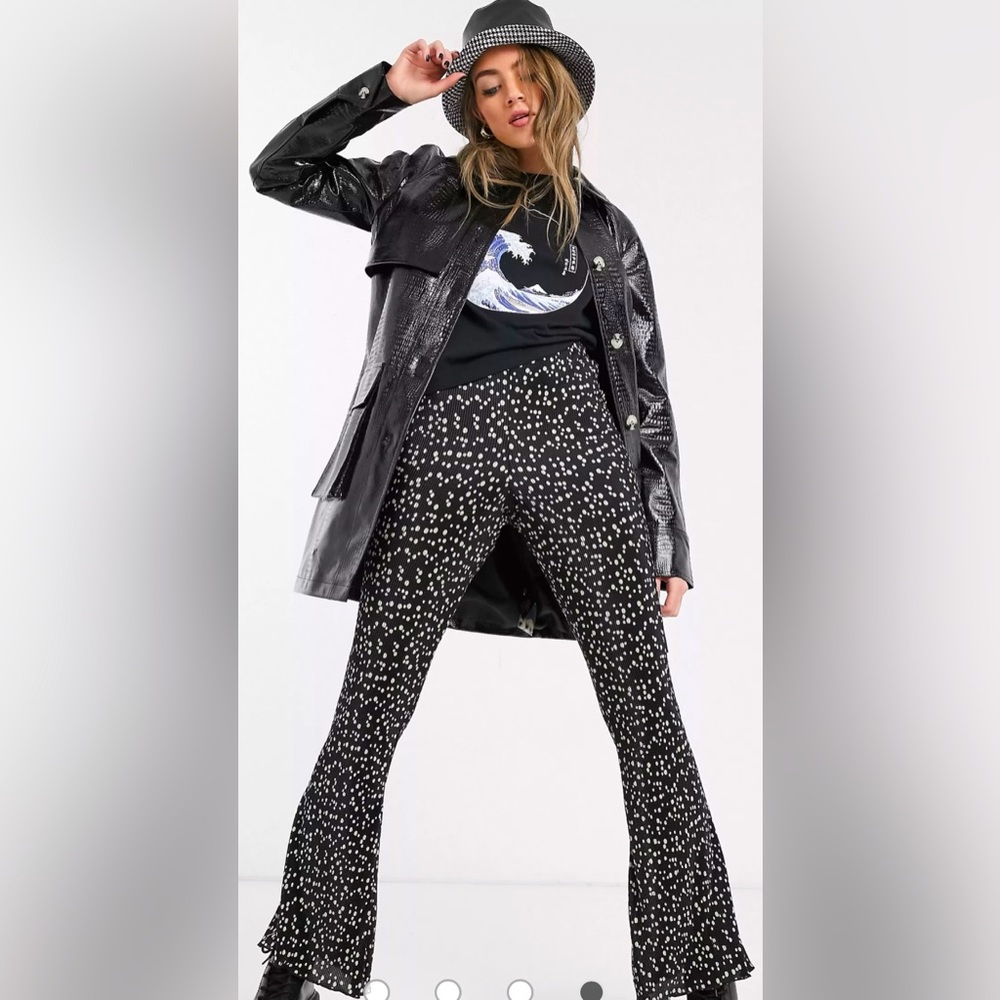 Topshop Black w White Polka Splotch Plisse Bell Bottoms